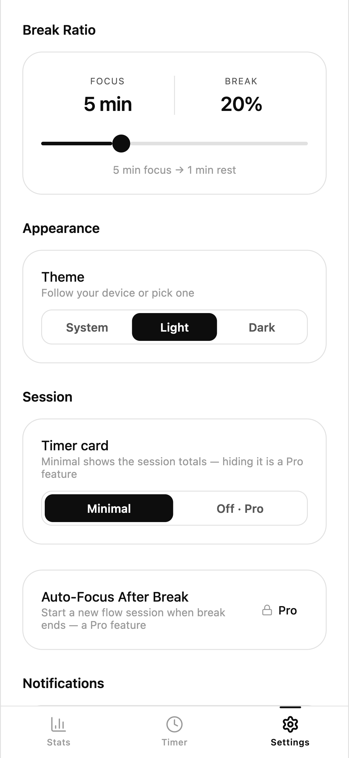 Settings screen with the break-ratio slider, alarm sounds and the Pro-locked rows