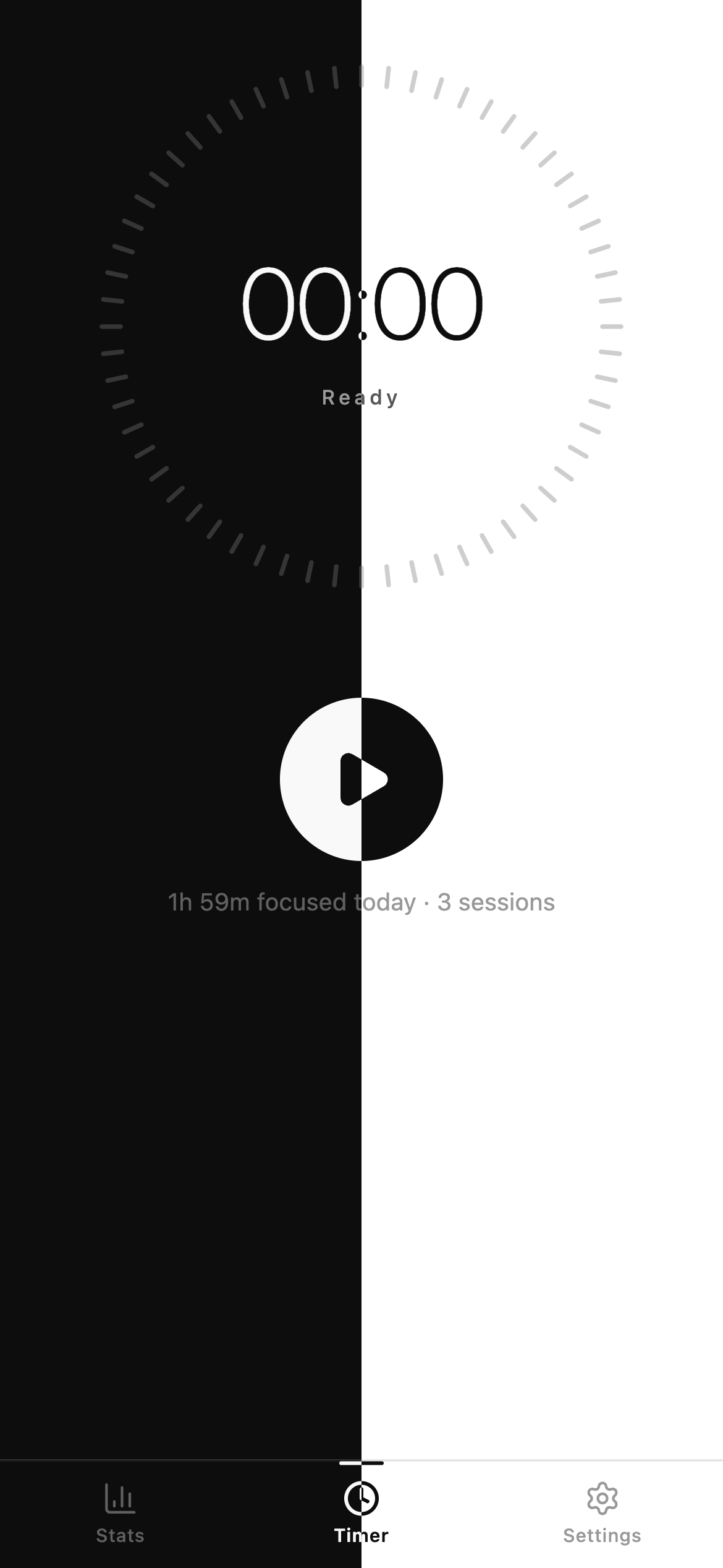 Focus timer counting up, with today's focus total and session count below the dial